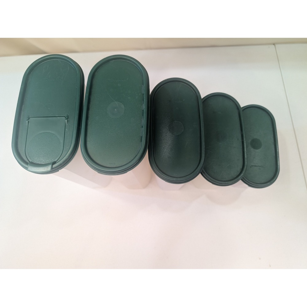 Tupperware Modular Mates Oval Storage Containers Set 5 Pieces Green Lids Vintage - Picture 3 of 8